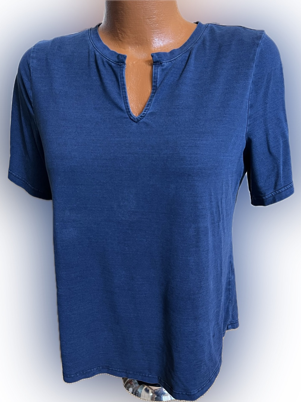 Chico’s garment washed blue split neck lyocell short sleeve t-shirt 2 / L B: 42”